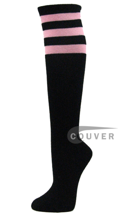 Light Pink Stripe on Black COUVER Cotton Non Athletic Knee Hi Socks 6PRs