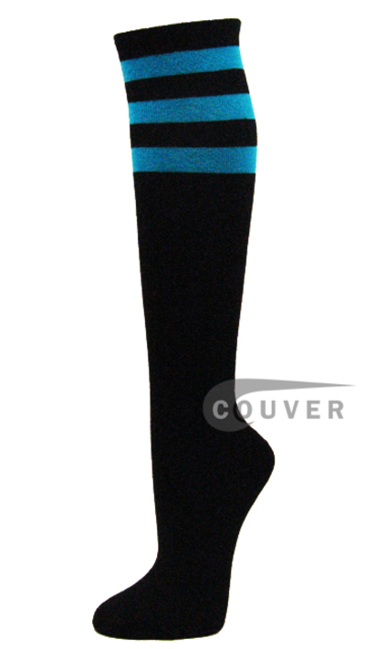 Turquoise Stripes on Black COUVER Cotton Non-athletic Knee Sock 6PRs