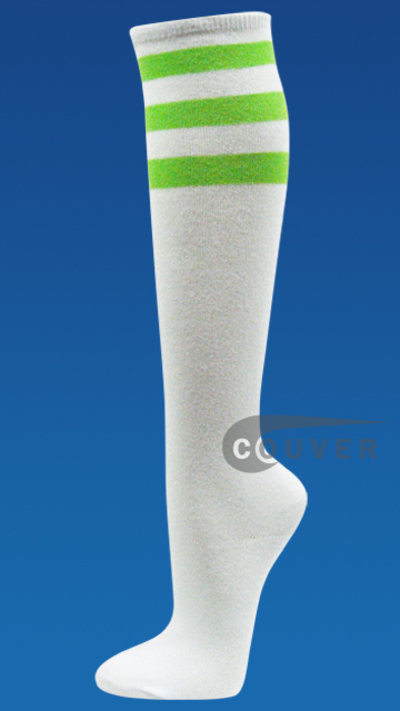 Bright Lime Green Stripes on White Couver Cotton Fashion Knee Socks 6PRs