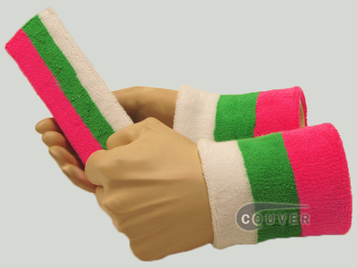 Bright Pink Bright Green White 3color striped sweatbands set [3sets]
