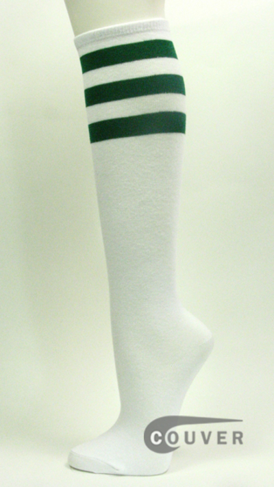 Dark Green Stripe on White Couver Cotton Fashion Knee Socks 6PAIRS