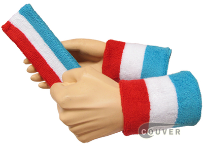 Sky Blue White Red 3color striped sweatbands set [3sets]