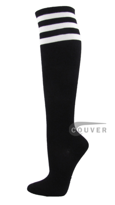 White Stripes on Black COUVER Cotton Fashion Knee Socks 6PRs