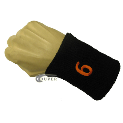 Black numbered sweat band number 6 six embroidered in orange