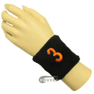 Black 2 1/2" wristband with Number embroidered in Orange - 3(Three)