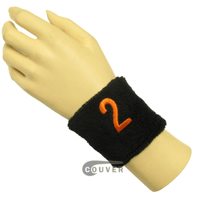 Black 2 1/2" wristband with Number embroidered in Orange - 2(Two)