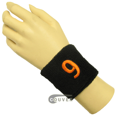 Black 2 1/2" wristband with Number embroidered in Orange - 9(Nine)