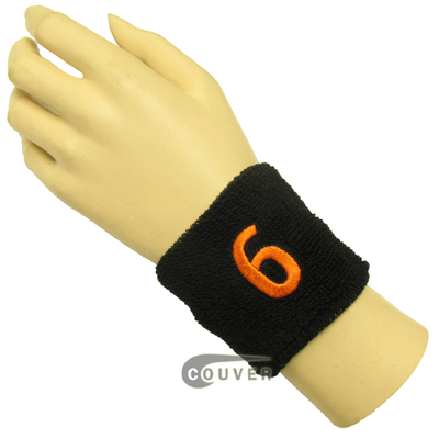 Black 2 1/2" wristband with Number embroidered in Orange - 6(Six)