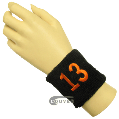 Black 2 1/2" wristband with Number embroidered in Orange - 13(Thirteen)
