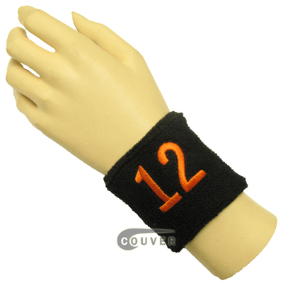 Black 2 1/2" wristband with Number embroidered in Orange - 12(Twelve)