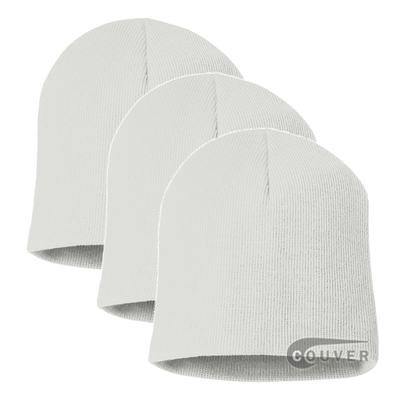 White 8inch Acrylic Knit Beanies Cap 3Pieces