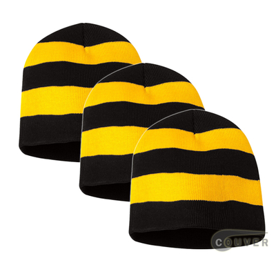 Rugby Striped Knit Beanies Cap(Black/Golden Yellow) - 3 Pieces