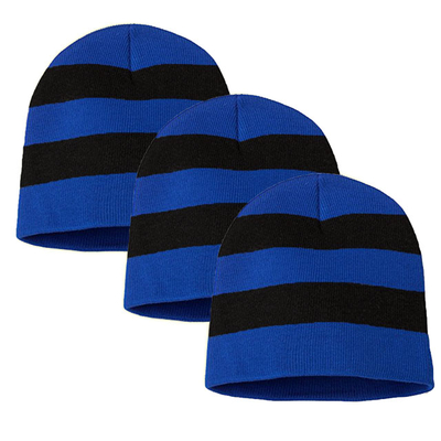 Rugby Striped Knit Beanies Cap (Royal / Black) - 3 Pieces