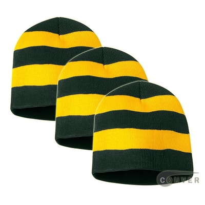 Rugby Striped Knit Beanies Cap(Forest/Gold) - 3 Pieces