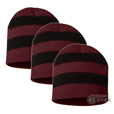 Rugby Striped Knit Beanies Cap(Maroon/Black) - 3 Pieces