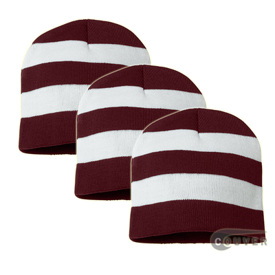Rugby Striped Knit Beanies Cap(Maroon/White) - 3 Pieces