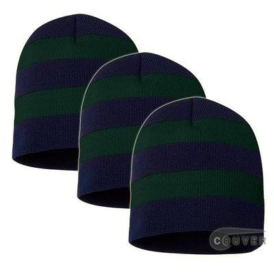 Rugby Striped Knit Beanies Cap(Navy/Forest) - 3 Pieces