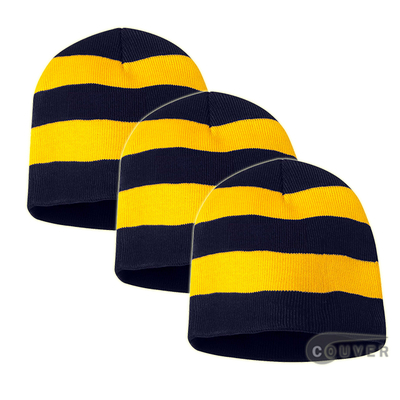 Rugby Striped Knit Beanies Cap(Navy/Gold) - 3 Pieces