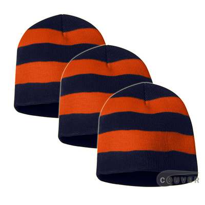 Rugby Striped Knit Beanies Cap(Navy/Orange) - 3 Pieces