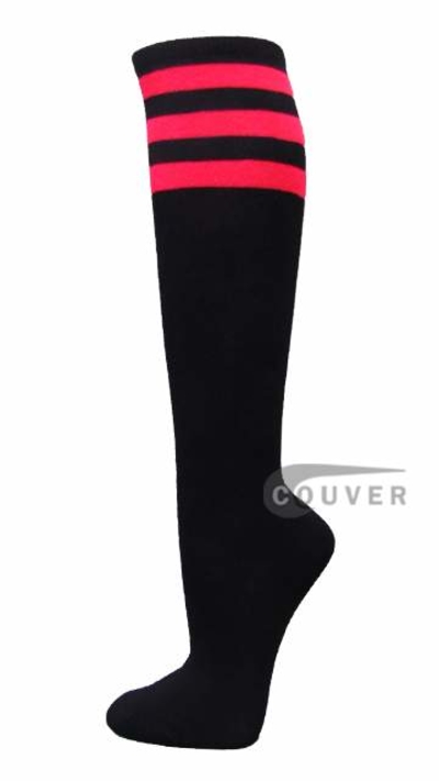 Hot Pink Striped COUVER Black Cotton Fashion Knee Socks 6PRs