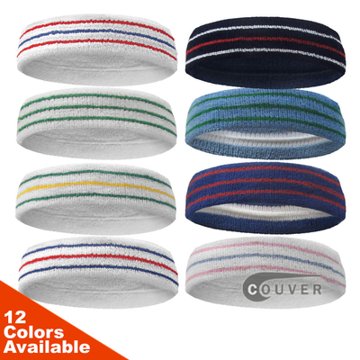 Couver Premium Quality Tennis Style Sweat Headband with Lines 12 Pieces