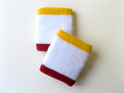 White w/ Red and Yellow trim athletic sweat Wrist band [6pairs]