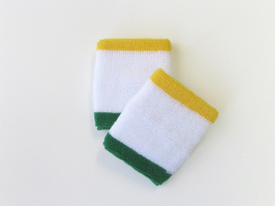 White w/ Yellow Green trim athletic sweat Wristband [6 pairs]