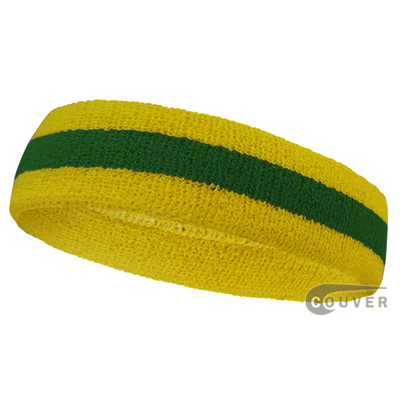 Green Yellow Stripes Terry Cloth Sweat Athleteic Headbands, 12 Pieces