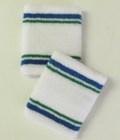 Wholesale White Tennis Sweat Wristband w Blue Green 4Line 6Pairs