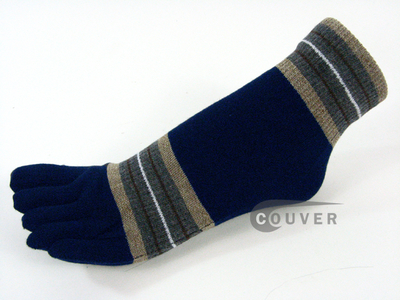 Navy Blue Striped Ankle Toe Socks with Beige & Gray, 3Pairs