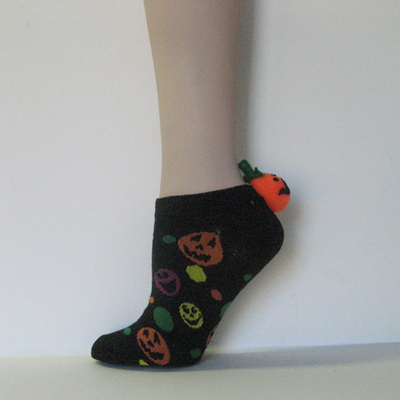 Halloween Kid Childrens Black Pumpkin Lowcut Pompom Sock [1pair]