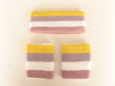 Yellow Lilac White Mauve Stripe Wristbands Headband Set [3sets]