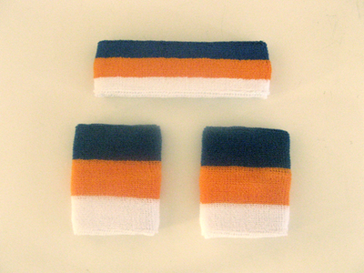 Blue White Orange Stripe Sweat Headband Wristband Set