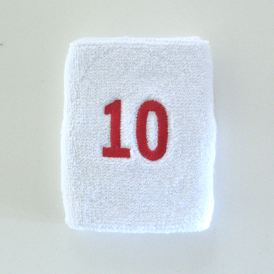Numbered white sweatband number10 embroidered in red [1pc]