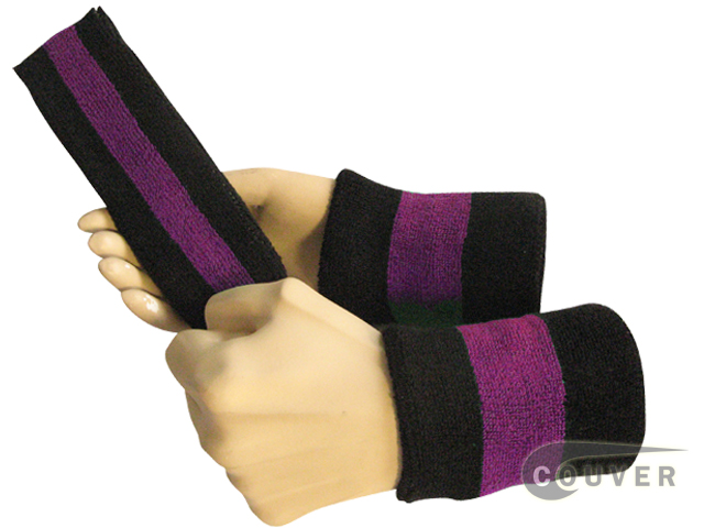 Black purple black 2color striped sweatbands set