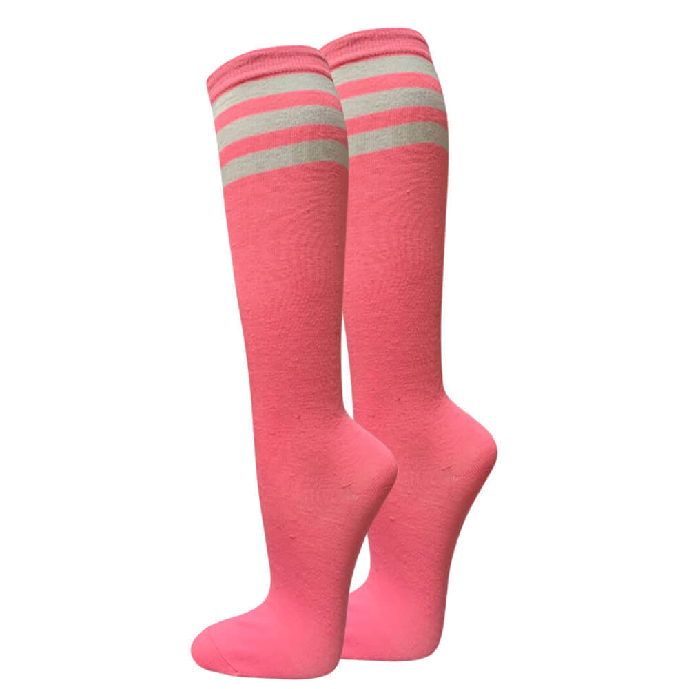 White Stripes on Pink COUVER Cotton Fashion Knee Socks 6PRs