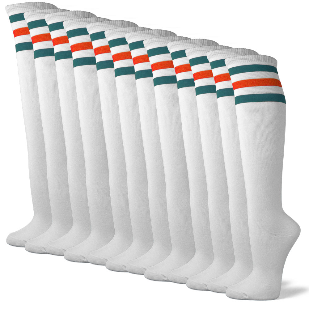 Teal & Orange Stripes on White Couver Cotton Fashion Knee Socks 6PAIRS
