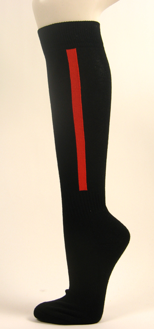 Black knee high baseball softball socks with dark orange stripe