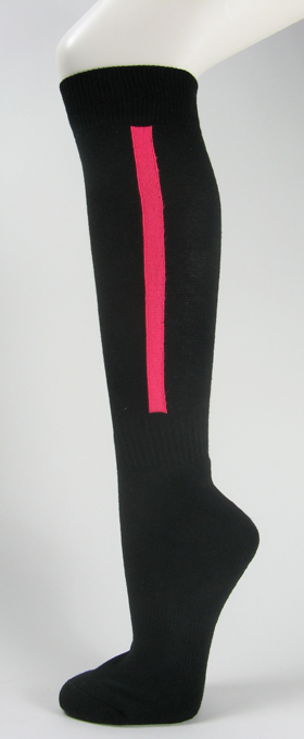 Black knee high baseball softball socks with bright pink stripe