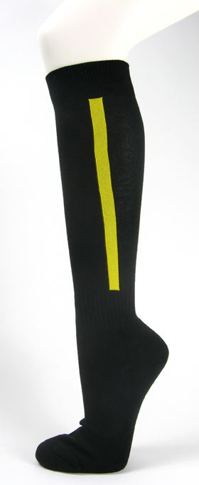 Black knee high baseball softball socks with bright yellow strip