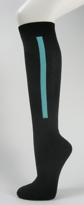 Black knee high baseball softball socks with sky blue stripe cot