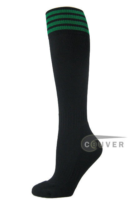 Black Green stripe youth Soccer/Football/Athletic Knee Sock 3PRS