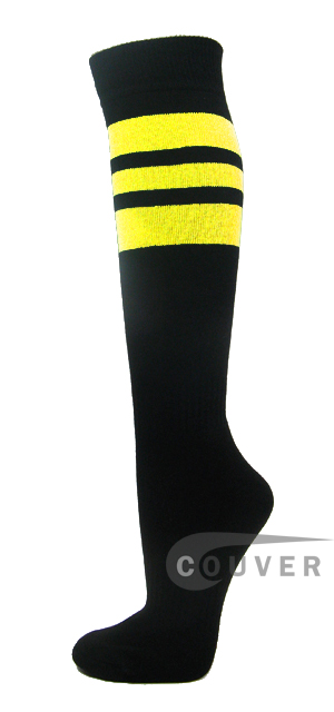COUVER Black Sports Knee Socks with Bright Yellow Stripes 3PRs
