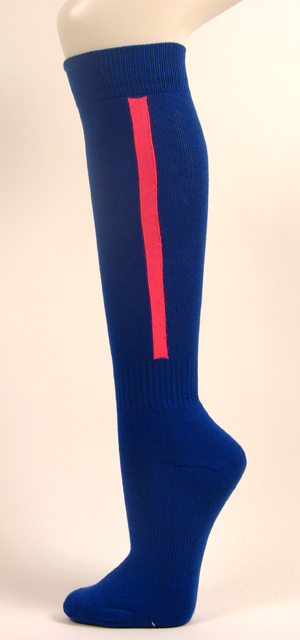 Blue knee high baseball softball socks with bright pink stripe