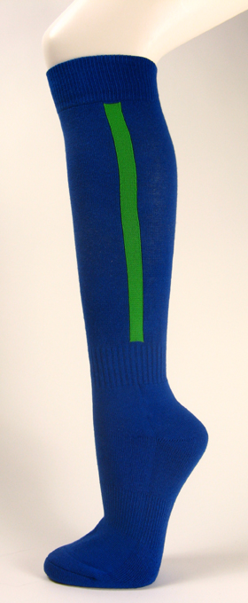 Blue knee high baseball softball socks with bright green stripe