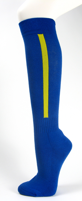 Blue knee high baseball softball socks with bright yellow stripe