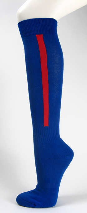 Blue knee high baseball softball socks with red stripe cotton