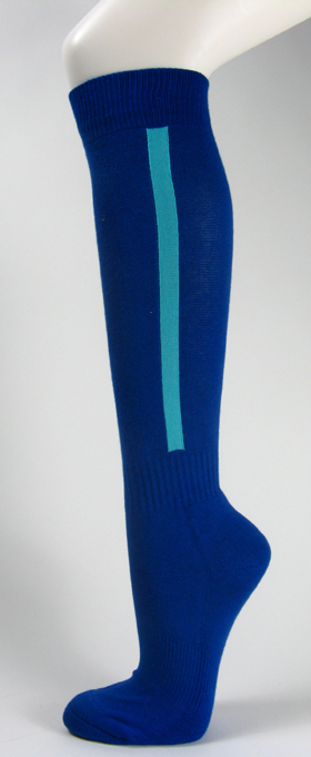 Blue knee high baseball softball socks with sky blue stripe cott