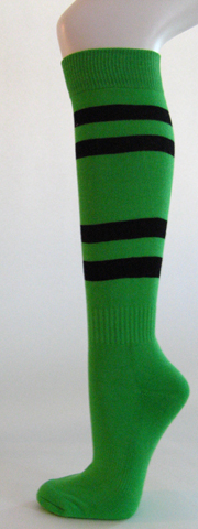Bright green knee high softball socks with black stripes