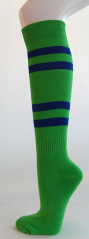 Bright green knee high softball socks with blue stripes